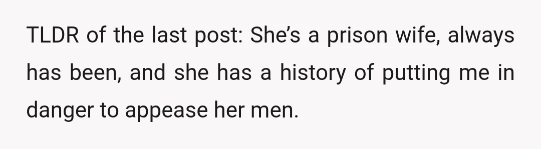 TLDR of the last post: She’s a prison wife, always has been, and she has a history of putting me in danger to appease her men.