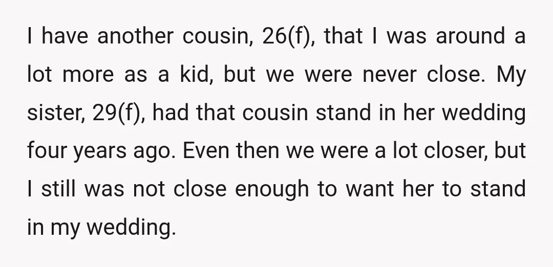 I have another cousin, 26(f), that I was around a lot more as a kid, but we were never close. My sister, 29(f), had that cousin stand in her wedding...