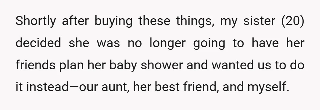 Shortly after buying these things, my sister (20) decided she was no longer going to have her friends plan her baby shower and wanted us to do it instead—our aunt,...