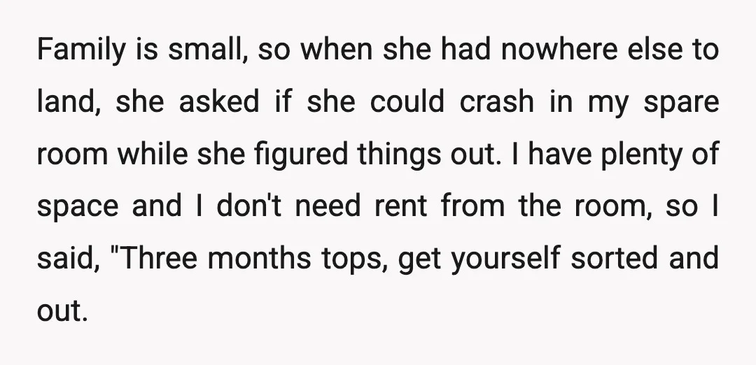 Family is small, so when she had nowhere else to land, she asked if she could crash in my spare room while she figured things out. I have plenty of...