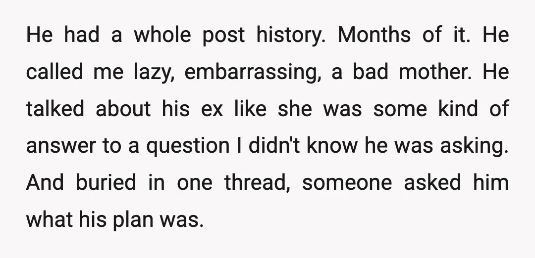 He had a whole post history. Months of it. He called me lazy, embarrassing, a bad mother. He talked about his ex like she was some kind of answer to...