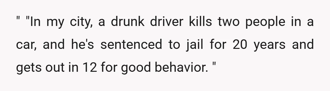 " "In my city, a drunk driver kills two people in a car, and he's sentenced to jail for 20 years and gets out in 12 for good behavior. "