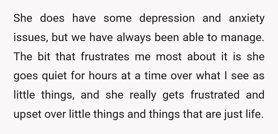 She does have some depression and anxiety issues, but we have always been able to manage. The bit that frustrates me most about it is she goes quiet for hours...
