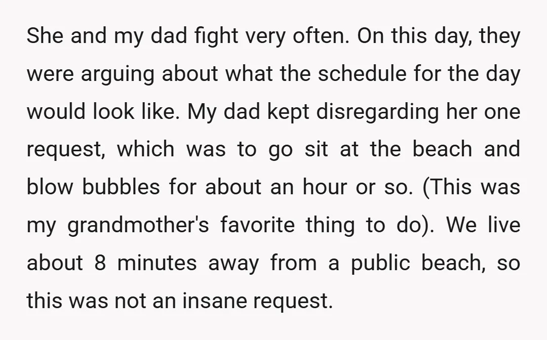 She and my dad fight very often. On this day, they were arguing about what the schedule for the day would look like. My dad kept disregarding her one request,...