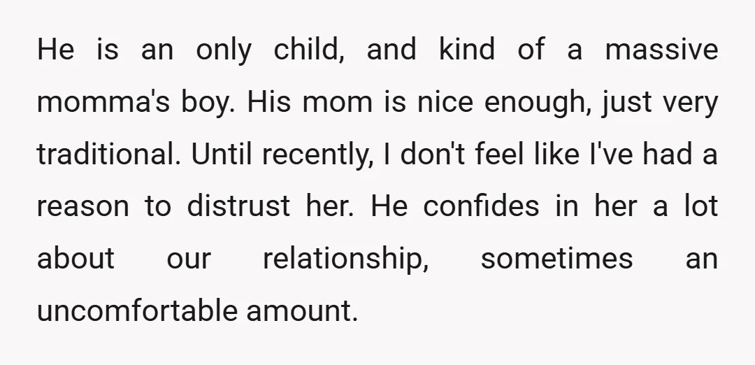 He is an only child, and kind of a massive momma's boy. His mom is nice enough, just very traditional. Until recently, I don't feel like I've had a reason...