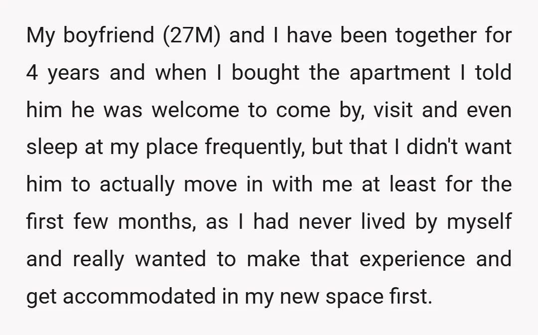 My boyfriend (27M) and I have been together for 4 years and when I bought the apartment I told him he was welcome to come by, visit and even sleep...