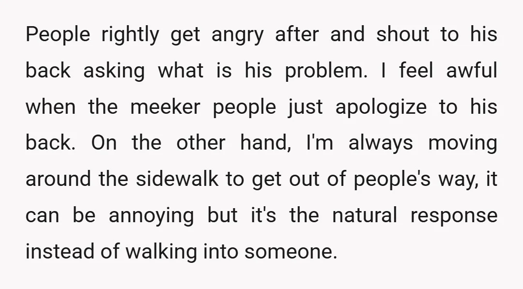 People rightly get angry after and shout to his back asking what is his problem. I feel awful when the meeker people just apologize to his back. On the other...