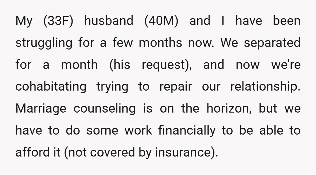 My (33F) husband (40M) and I have been struggling for a few months now. We separated for a month (his request), and now we're cohabitating trying to repair our relationship....