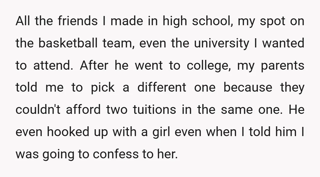 All the friends I made in high school, my spot on the basketball team, even the university I wanted to attend. After he went to college, my parents told me...