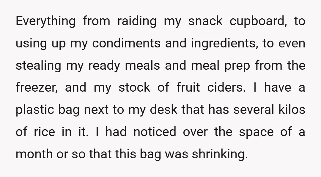 Everything from raiding my snack cupboard, to using up my condiments and ingredients, to even stealing my ready meals and meal prep from the freezer, and my stock of fruit...