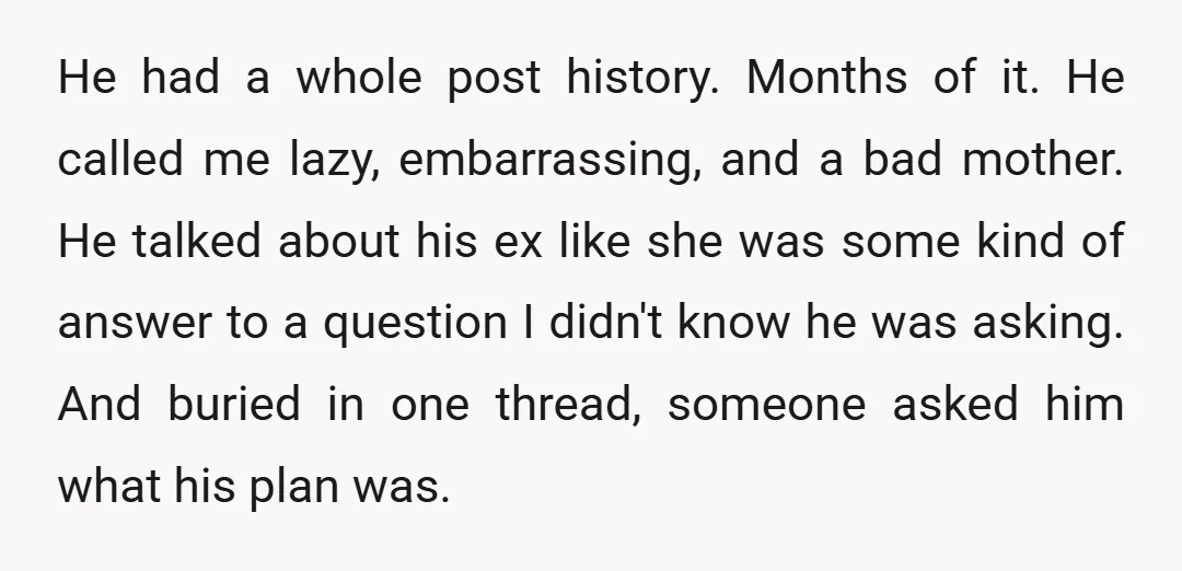 He had a whole post history. Months of it. He called me lazy, embarrassing, and a bad mother. He talked about his ex like she was some kind of answer...