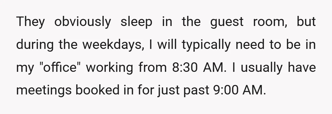 They obviously sleep in the guest room, but during the weekdays, I will typically need to be in my "office" working from 8:30 AM. I usually have meetings booked in...