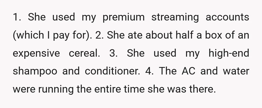 1. She used my premium streaming accounts (which I pay for). 2. She ate about half a box of an expensive cereal. 3. She used my high-end shampoo and conditioner....