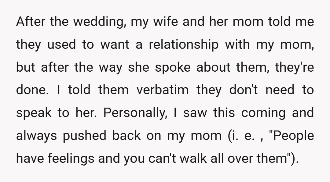 After the wedding, my wife and her mom told me they used to want a relationship with my mom, but after the way she spoke about them, they're done. I...