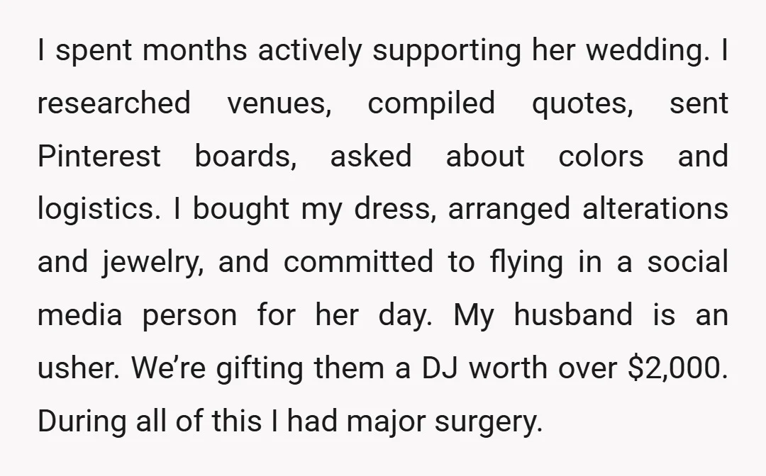I spent months actively supporting her wedding. I researched venues, compiled quotes, sent Pinterest boards, asked about colors and logistics. I bought my dress, arranged alterations and jewelry, and committed...