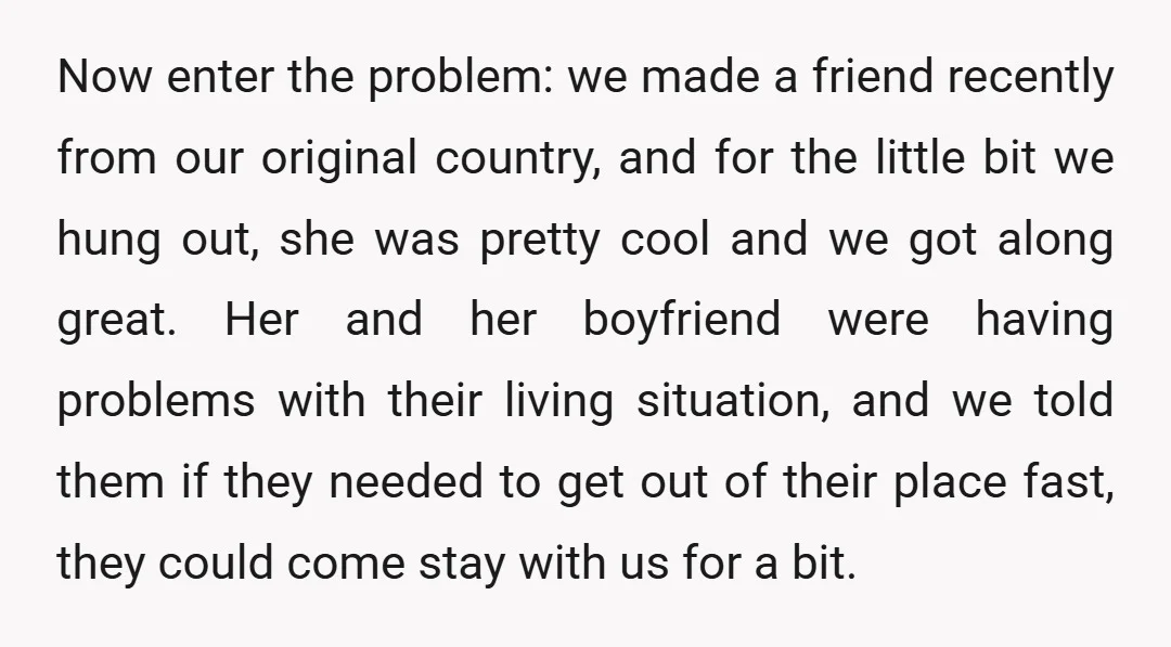 Now enter the problem: we made a friend recently from our original country, and for the little bit we hung out, she was pretty cool and we got along great....