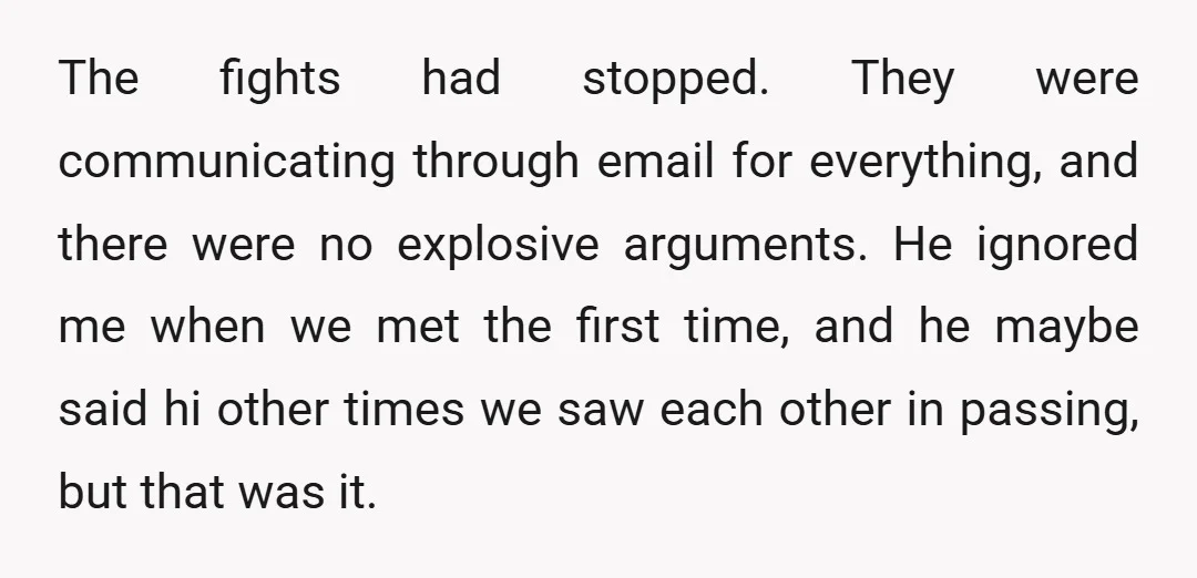The fights had stopped. They were communicating through email for everything, and there were no explosive arguments. He ignored me when we met the first time, and he maybe said...