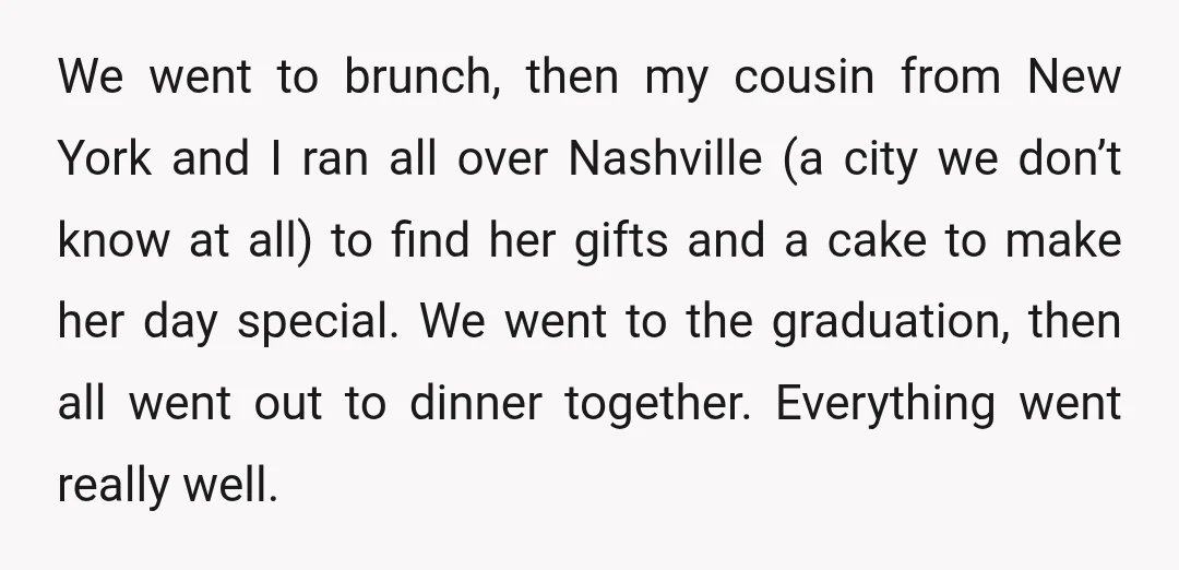 We went to brunch, then my cousin from New York and I ran all over Nashville (a city we don’t know at all) to find her gifts and a cake...