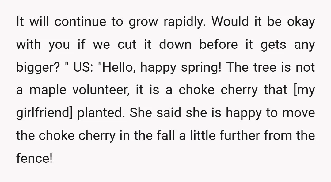It will continue to grow rapidly. Would it be okay with you if we cut it down before it gets any bigger? " US: "Hello, happy spring! The tree is...
