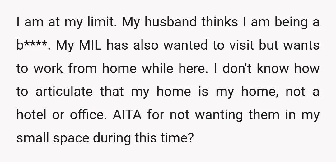 I am at my limit. My husband thinks I am being a b****. My MIL has also wanted to visit but wants to work from home while here. I don't...