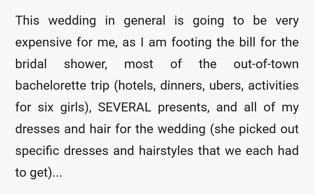 This wedding in general is going to be very expensive for me, as I am footing the bill for the bridal shower, most of the out-of-town bachelorette trip (hotels, dinners,...