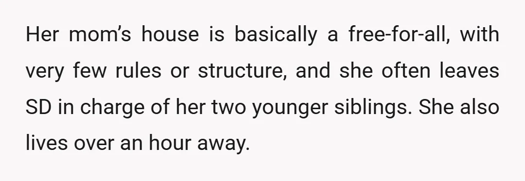 Her mom’s house is basically a free-for-all, with very few rules or structure, and she often leaves SD in charge of her two younger siblings. She also lives over an...