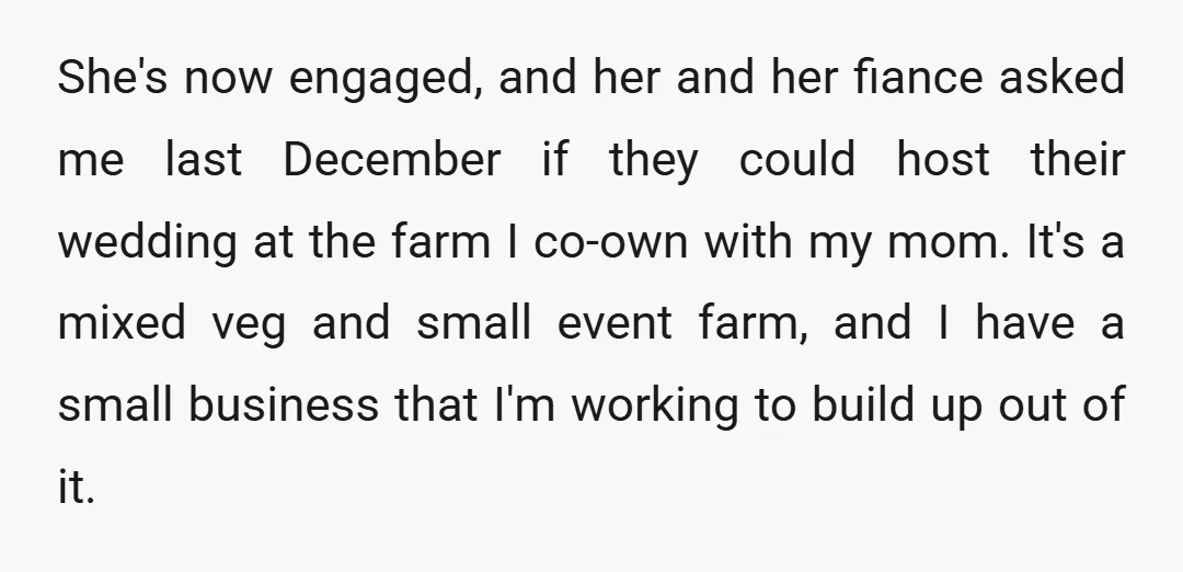 She's now engaged, and her and her fiance asked me last December if they could host their wedding at the farm I co-own with my mom. It's a mixed veg...