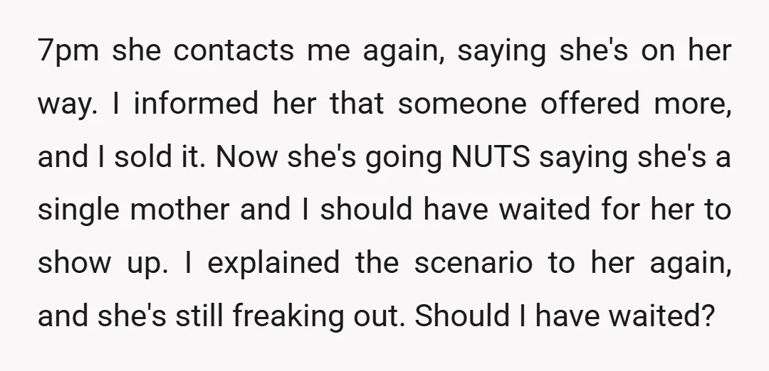 7pm she contacts me again, saying she's on her way. I informed her that someone offered more, and I sold it. Now she's going NUTS saying she's a single mother...