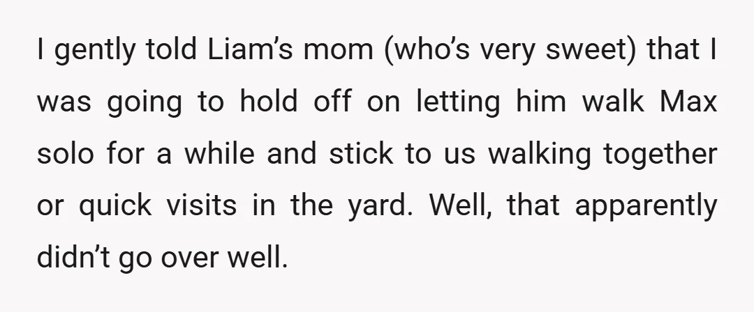 I gently told Liam’s mom (who’s very sweet) that I was going to hold off on letting him walk Max solo for a while and stick to us walking together...