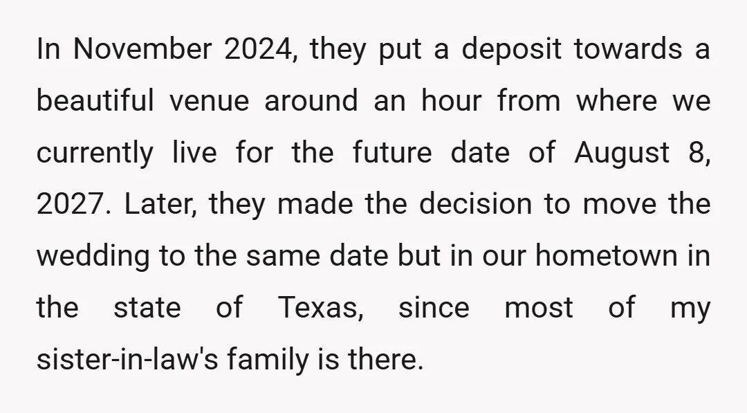 In November 2024, they put a deposit towards a beautiful venue around an hour from where we currently live for the future date of August 8, 2027. Later, they made...