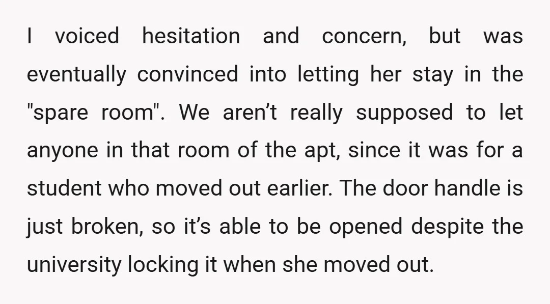 I voiced hesitation and concern, but was eventually convinced into letting her stay in the "spare room". We aren’t really supposed to let anyone in that room of the apt,...