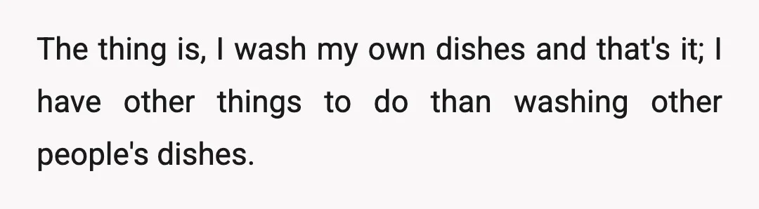 The thing is, I wash my own dishes and that's it; I have other things to do than washing other people's dishes.