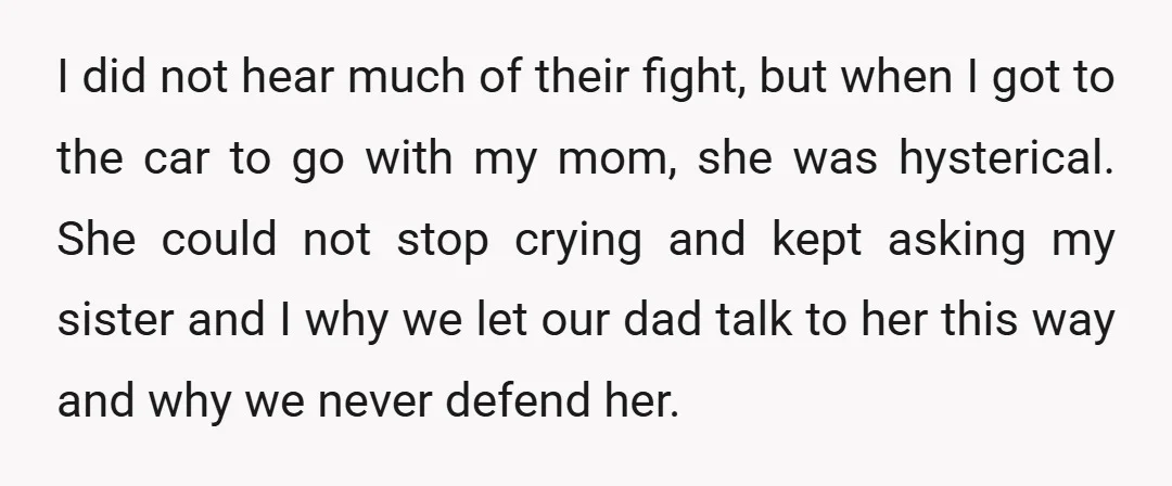 I did not hear much of their fight, but when I got to the car to go with my mom, she was hysterical. She could not stop crying and kept...