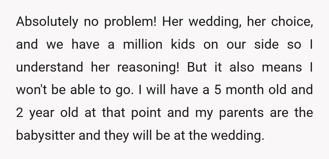 Absolutely no problem! Her wedding, her choice, and we have a million kids on our side so I understand her reasoning! But it also means I won't be able to...