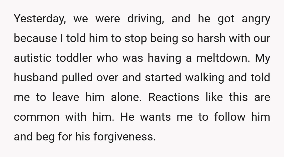 Yesterday, we were driving, and he got angry because I told him to stop being so harsh with our autistic toddler who was having a meltdown. My husband pulled over...