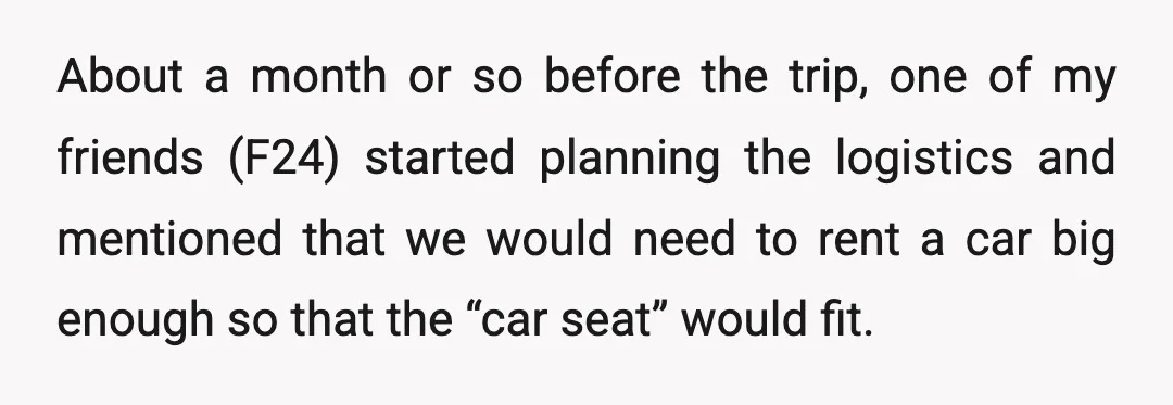 About a month or so before the trip, one of my friends (F24) started planning the logistics and mentioned that we would need to rent a car big enough so...