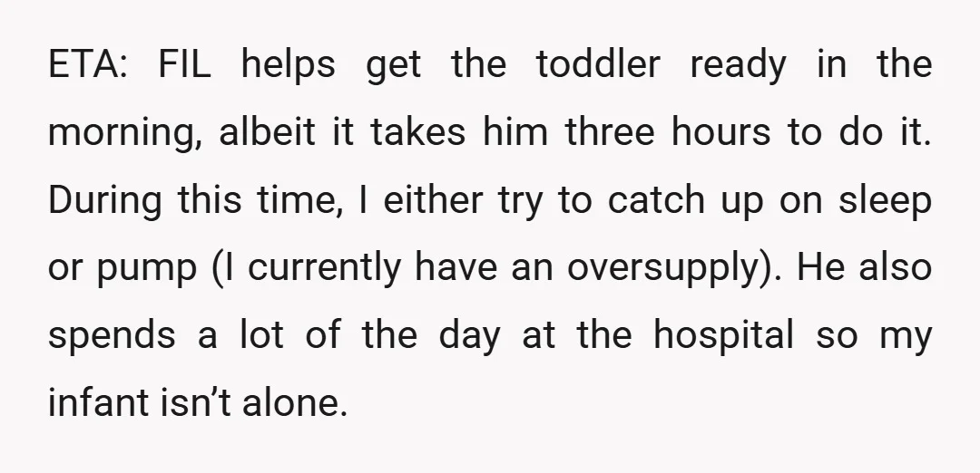 ETA: FIL helps get the toddler ready in the morning, albeit it takes him three hours to do it. During this time, I either try to catch up on sleep...