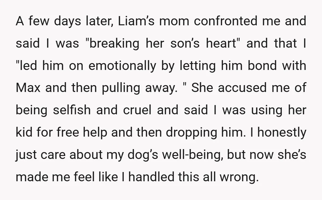 A few days later, Liam’s mom confronted me and said I was "breaking her son’s heart" and that I "led him on emotionally by letting him bond with Max and...
