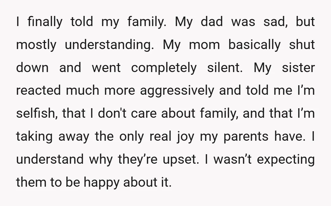 I finally told my family. My dad was sad, but mostly understanding. My mom basically shut down and went completely silent. My sister reacted much more aggressively and told me...