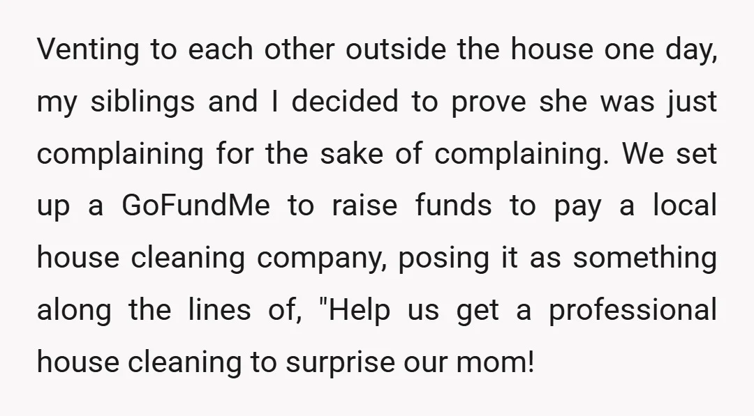 Venting to each other outside the house one day, my siblings and I decided to prove she was just complaining for the sake of complaining. We set up a GoFundMe...