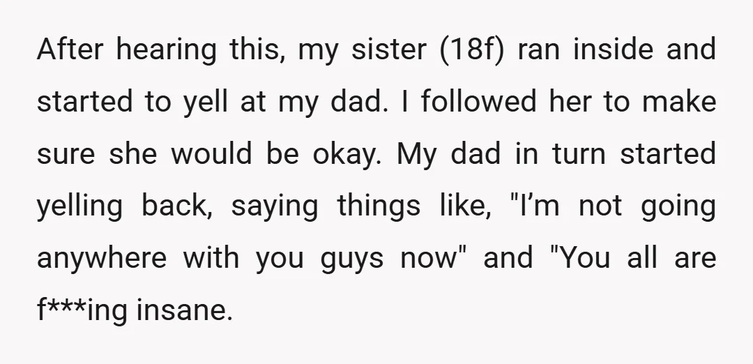After hearing this, my sister (18f) ran inside and started to yell at my dad. I followed her to make sure she would be okay. My dad in turn started...