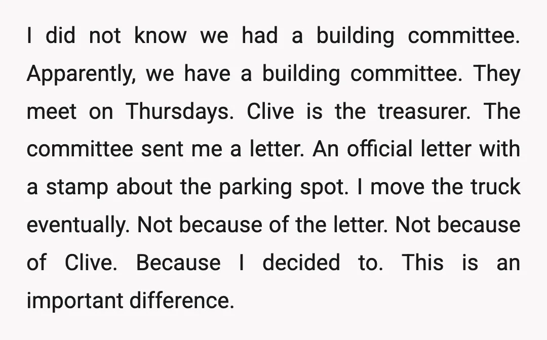 I did not know we had a building committee. Apparently, we have a building committee. They meet on Thursdays. Clive is the treasurer. The committee sent me a letter. An...