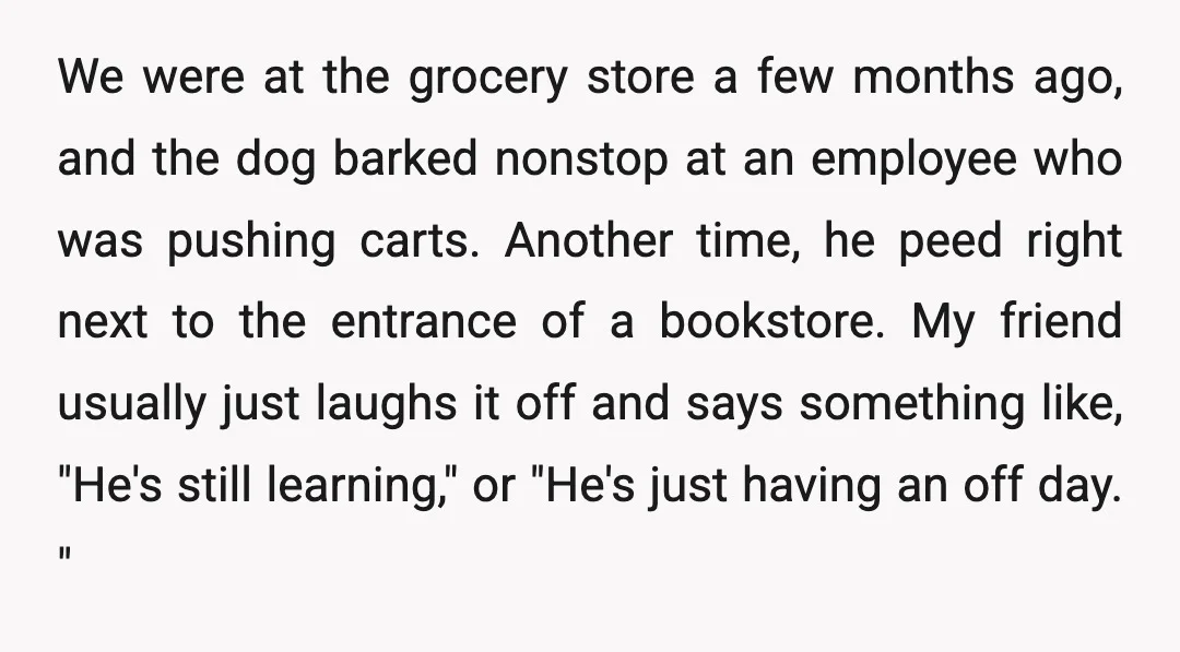 We were at the grocery store a few months ago, and the dog barked nonstop at an employee who was pushing carts. Another time, he peed right next to the...