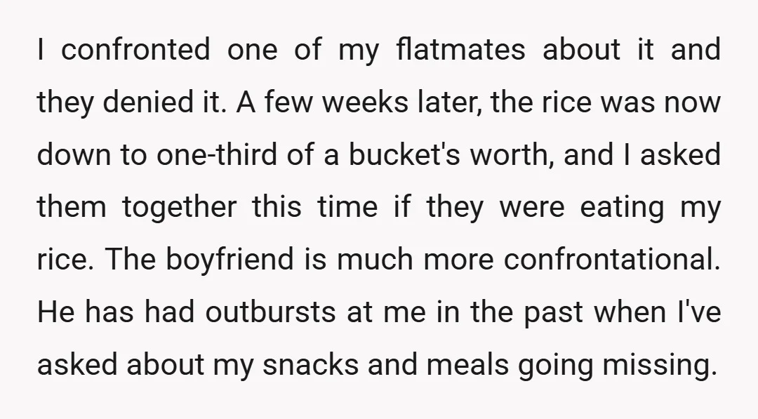 I confronted one of my flatmates about it and they denied it. A few weeks later, the rice was now down to one-third of a bucket's worth, and I asked...