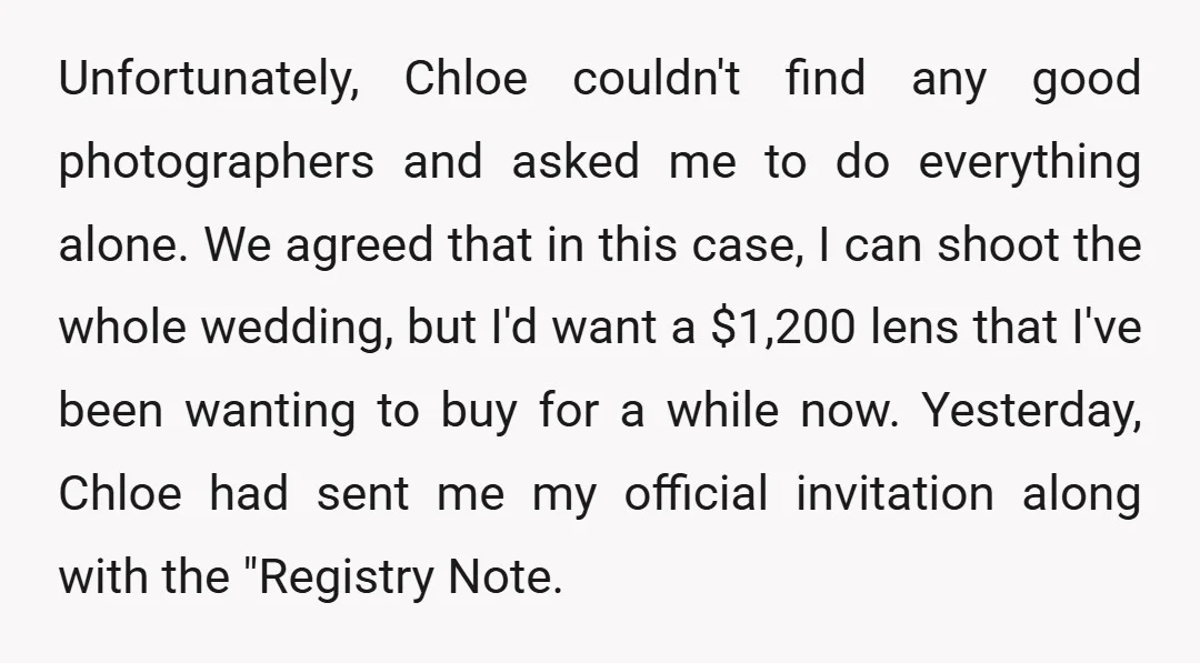 Unfortunately, Chloe couldn't find any good photographers and asked me to do everything alone. We agreed that in this case, I can shoot the whole wedding, but I'd want a...