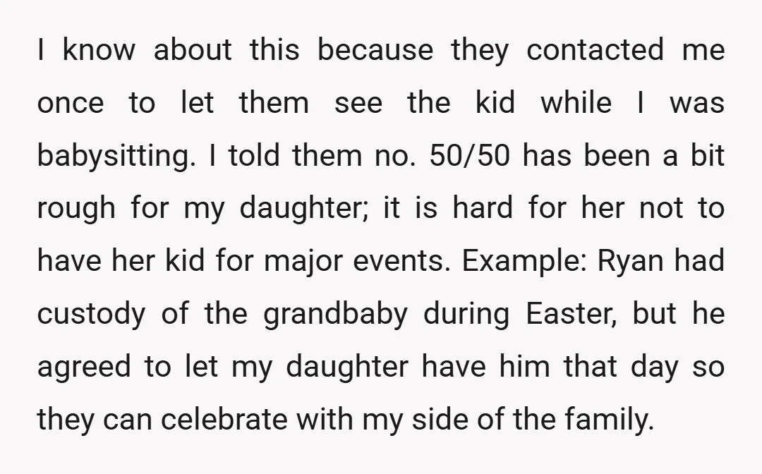 I know about this because they contacted me once to let them see the kid while I was babysitting. I told them no. 50/50 has been a bit rough for...