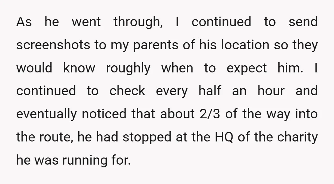 As he went through, I continued to send screenshots to my parents of his location so they would know roughly when to expect him. I continued to check every half...