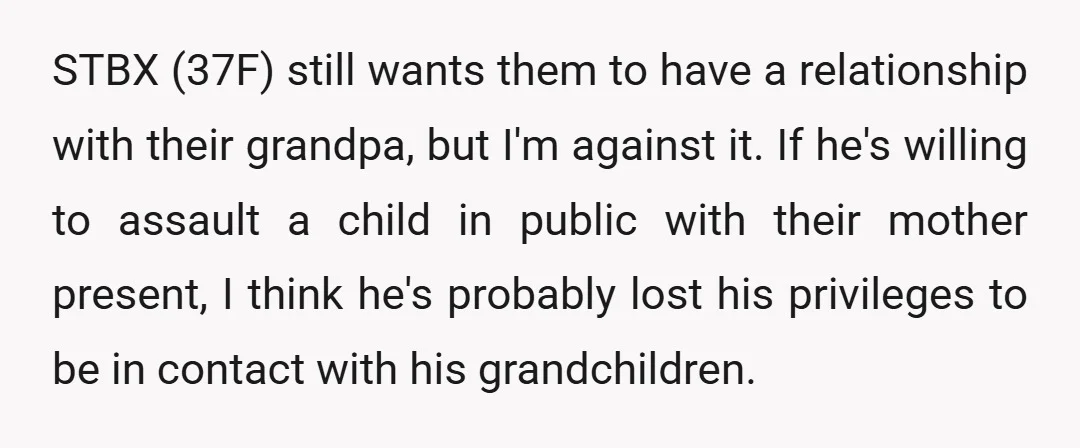 STBX (37F) still wants them to have a relationship with their grandpa, but I'm against it. If he's willing to assault a child in public with their mother present, I...