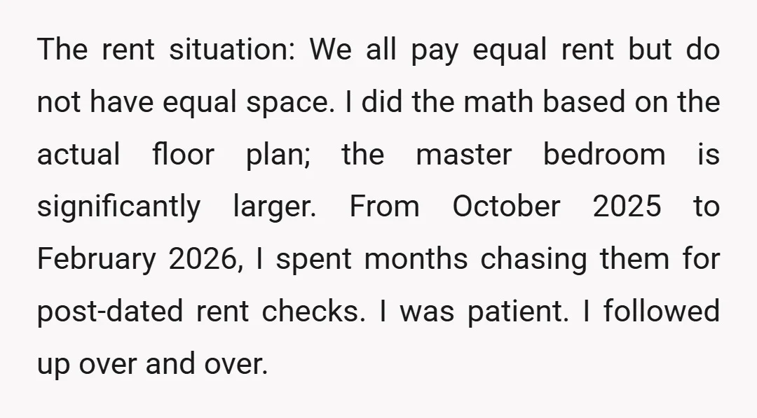The rent situation: We all pay equal rent but do not have equal space. I did the math based on the actual floor plan; the master bedroom is significantly larger....