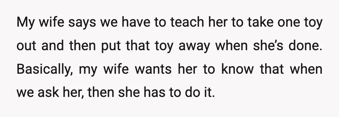 My wife says we have to teach her to take one toy out and then put that toy away when she’s done. Basically, my wife wants her to know that...
